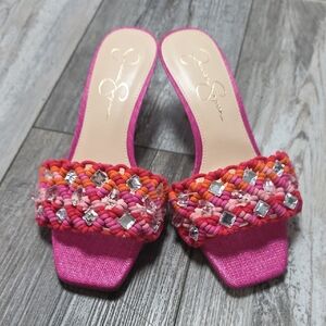 Jessica Simpson | Cameleah Embelished Macramé Square Toe Mid Heel Sandals *NWT